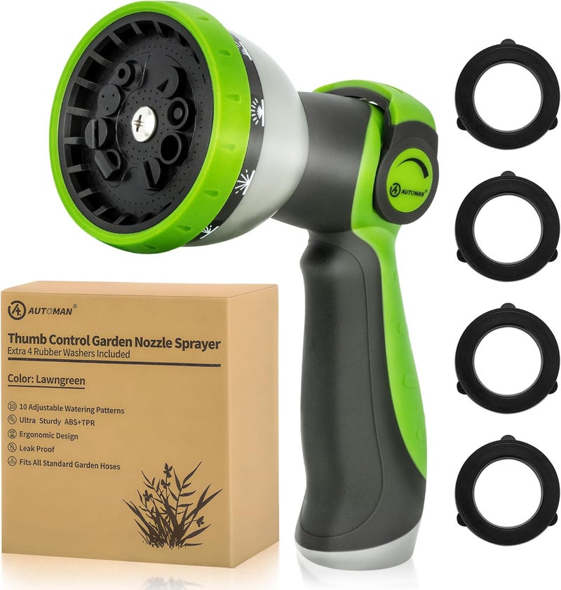 AUTOMAN Garden Hose Nozzle Sprayer - 10 Spray Patterns, Thumb Control On Off Valve, Durable Water Nozzle, Extra 4 Washers, for Watering Garden, Cleaning, Washing Car, Showering Pets Lawngreen - Image 1
